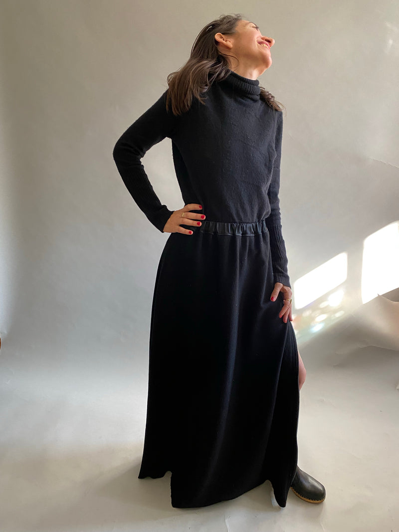 Black Bias Wool Full Length Skirt