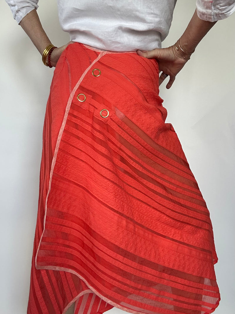 Cotton Shadow Stripe Bias Snap Skirt