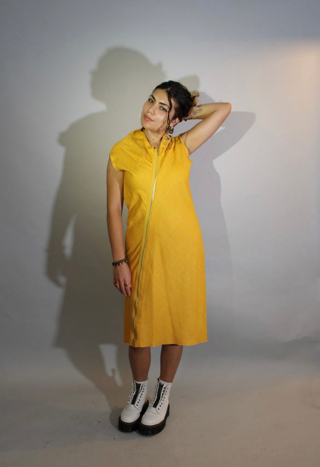 Saffron Bias Silk Matka Dress w/Asymmetrical Zipper