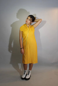 Saffron Bias Silk Matka Dress w/Asymmetrical Zipper