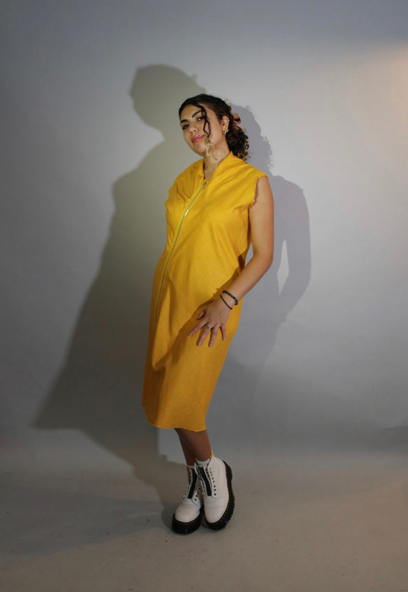 Saffron Bias Silk Matka Dress w/Asymmetrical Zipper