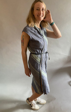 Bias Striped Linen Dress w/Silver Zipper