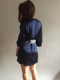 Navy Silk Charmeuse Shortie Dressing Gown