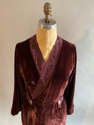 Smoking Gown in Silk Velvet with Vegan Suede Details