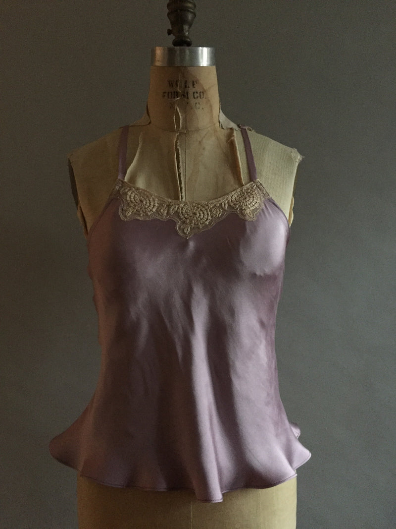 Heavyweight silk camisole with vintage lace neckline