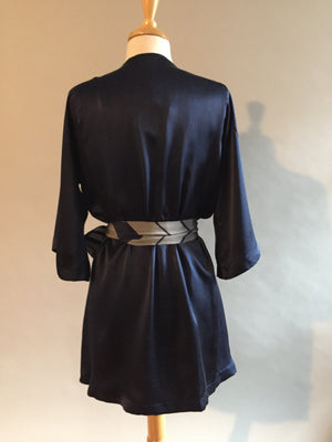 Navy Silk Charmeuse Shortie Dressing Gown