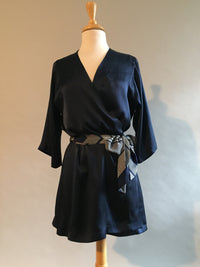 Navy Silk Charmeuse Shortie Dressing Gown