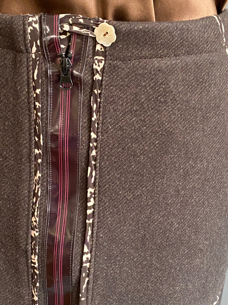 Brown/black Wool Twill A-line Zipper Skirt