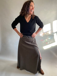 Choco Herringbone Bias Wool Skirt With Full Length Zipper