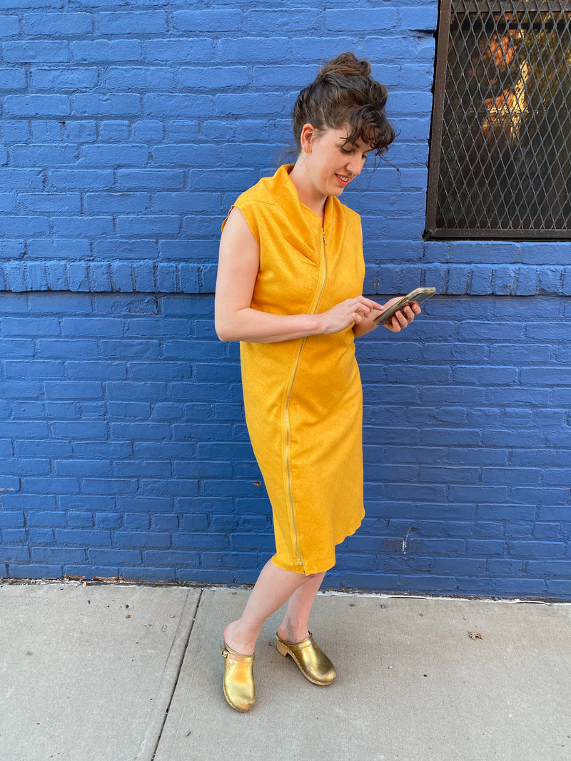 Saffron Bias Silk Matka Dress w/Asymmetrical Zipper