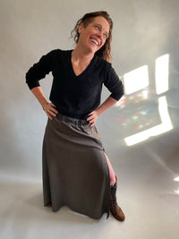 Choco Herringbone Bias Wool Skirt With Full Length Zipper