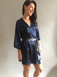 Navy Silk Charmeuse Shortie Dressing Gown