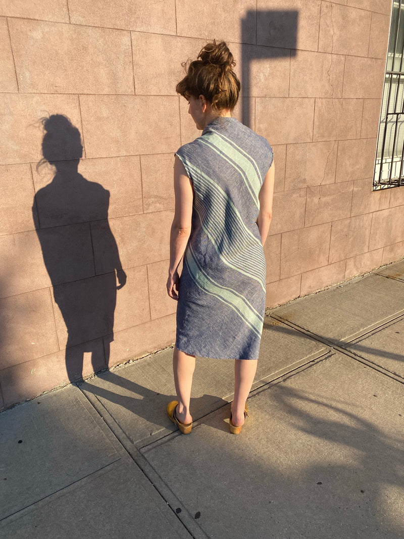 Bias Striped Linen Dress w/Silver Zipper