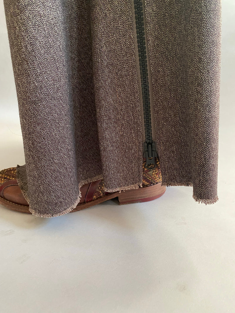 Choco Herringbone Bias Wool Skirt With Full Length Zipper