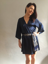 Navy Silk Charmeuse Shortie Dressing Gown