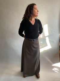 Choco Herringbone Bias Wool Skirt With Full Length Zipper