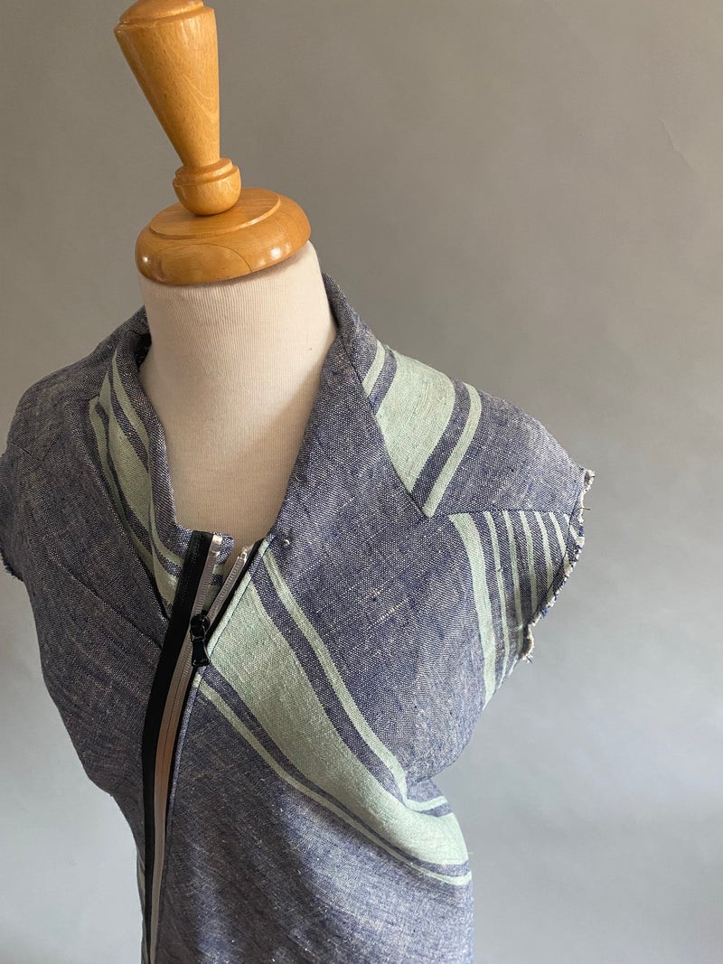 Bias Striped Linen Dress w/Silver Zipper