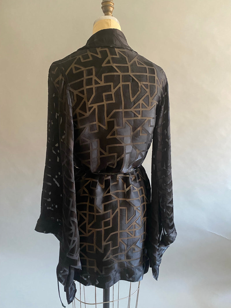 Black Silk Burnout Geometric Shortie Robe