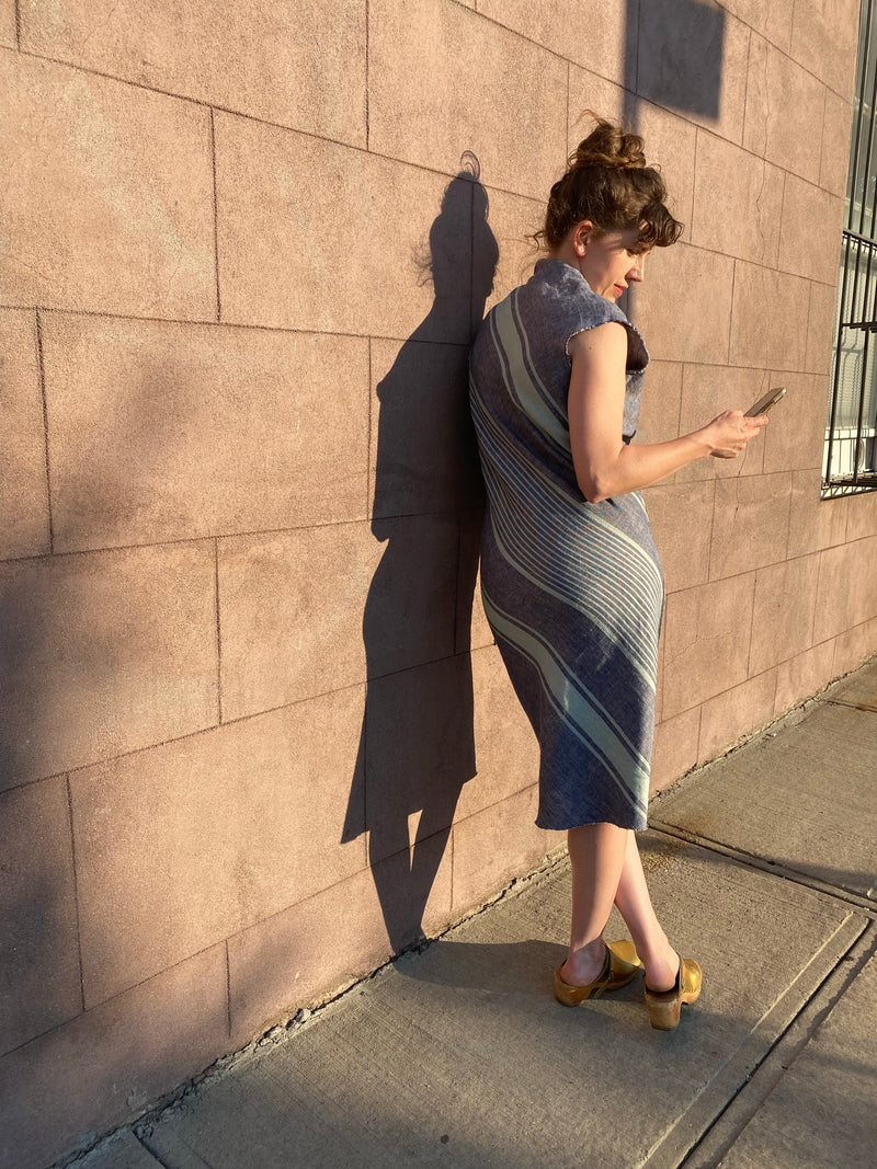 Bias Striped Linen Dress w/Silver Zipper