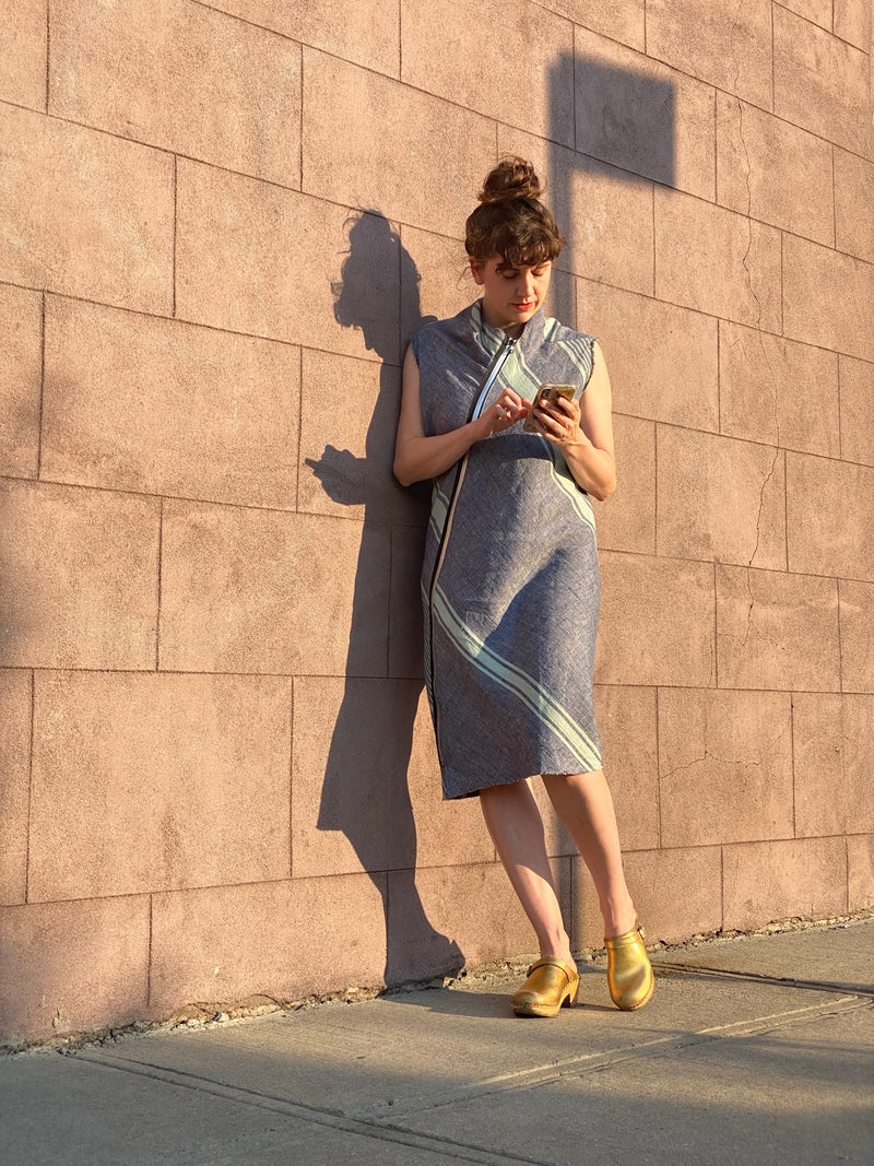 Bias Striped Linen Dress w/Silver Zipper
